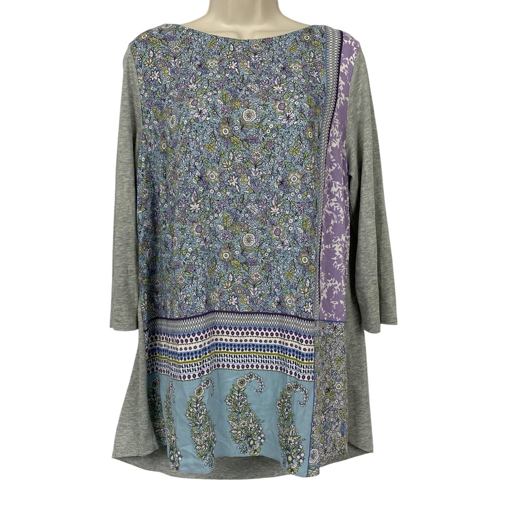 J Jill Tunic Top Womens Medium Gray Knit Pastel Floral Patchwork Whimsical Boho